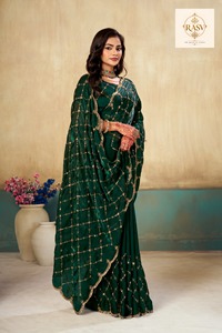 Abhi Fashion Designer Party Wear <b>Saree</b> Heavy Beads Work Fancy <b>Satin</b> Fabric Elegant Drape Women's Wedding Reception Festival - Product Image 4