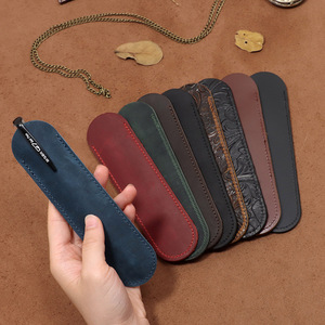 Customized Handmade Vintage Emed Genuine Leather Single <b>Pen</b> Sleeve Case Holder Pouch Cover - Product Image 1