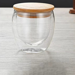 Taza de <span class=keywords><strong>café</strong></span> de vidrio de doble pared respetuosa con el medio ambiente con aislamiento de logotipo personalizado con tapa de Bambú - Product Image 3