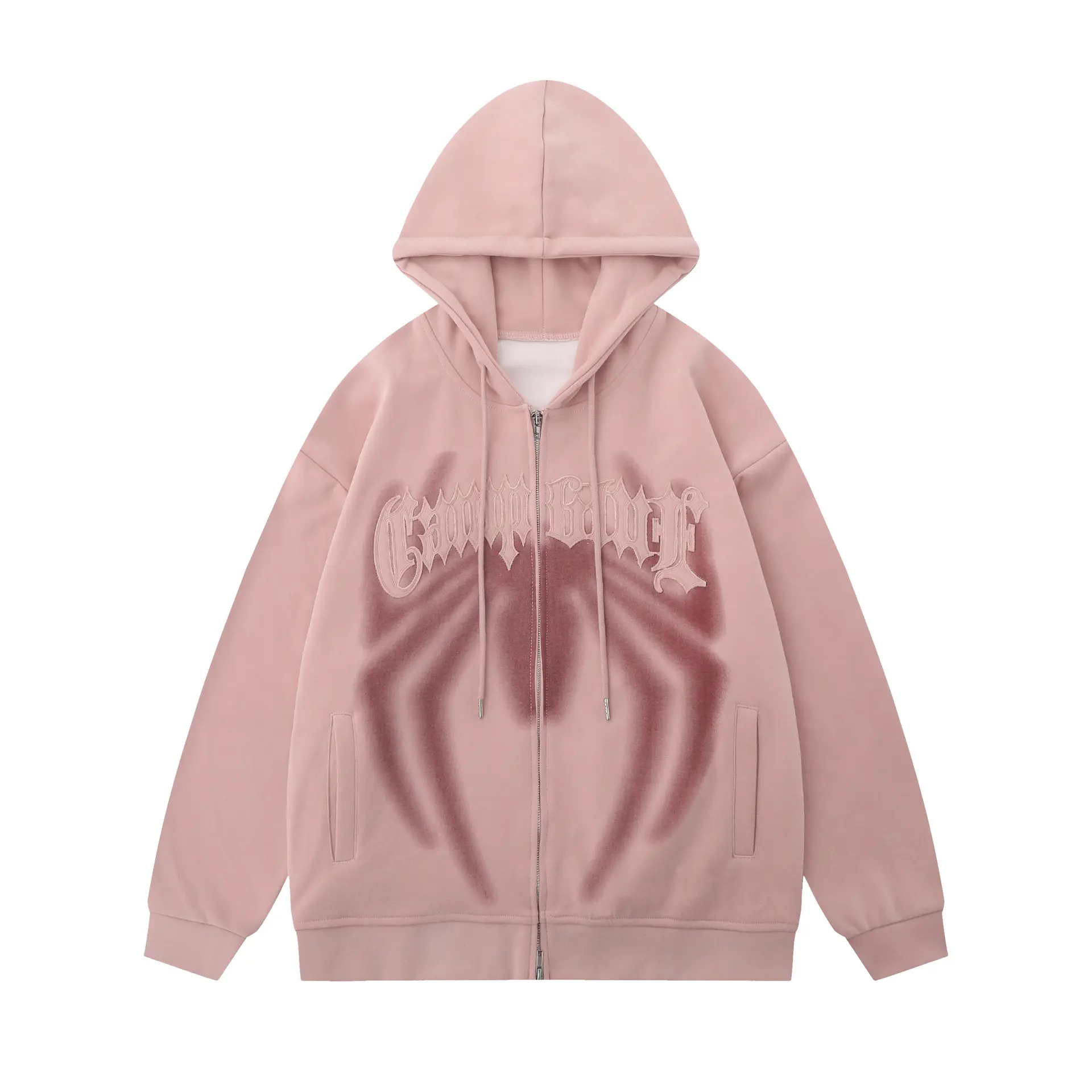 Großhandel Retro Patch Spider Pink Cardigan Männer und Frauen Herbst lose übergroße Paar Hooded Heavyweight Hoodie