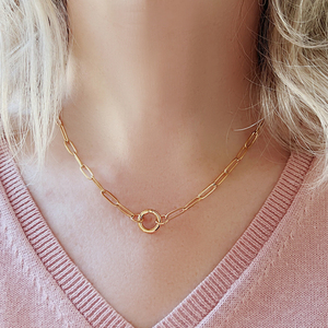 Kalung Penahan Liontin Lapis Emas 18k Anti Kusam, Perhiasan Wanita Minimalis, Kalung Rantai Paperclip Baja Tahan Karat dengan Kancing Tekan - Product Image 3