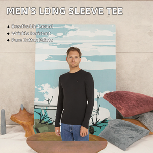 T-shirt à manches longues pour homme en jean, 100 % coton original 240 g, uni, anti-plis, respirant, décontracté - Product Image 2