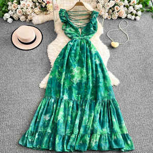 เดรสผ้าลื่นพิมพ์ลายดอกไม้3D หรูหราสำหรับผู้หญิงชุดเดรสยาวคอวีเปลือยหลังแขนกุดเซ็กซี่สำหรับผู้หญิง2025วันหยุดฤดูร้อน - Product Image 4