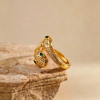 Bague ouverte en cuivre plaqué or 18 carats avec double tête de serpent, zircon pavé, yeux verts, style vintage de luxe, pour femme