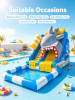 Tobogán Acuático Inflable 3D con Forma de Tiburón, Piscina de Aterrizaje, Temática Deportiva, PVC Ecológico para Uso Comercial, Equipo de Juegos Acuáticos para Patio Trasero