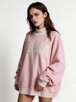Sweat-shirt à col montant brodé patchwork pour femme, en molleton de coton, manches longues, avec détails contrastants, pull d'automne OEM