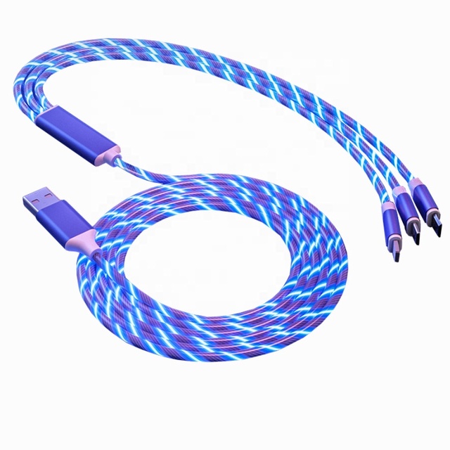 1.2M USB Cable for Fast Charging 3-in-1 Flowing Light LED Charger Micro Type C Wire TPE Braid for iPhone for Samsung Android Dev