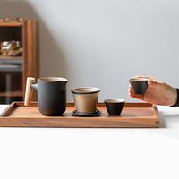 Tasses à thé en céramique avec poignée en bois, ensemble de tasses chinoises, grises et noires, personnalisées, avec couvercle infuseur, sac de voyage, pièces