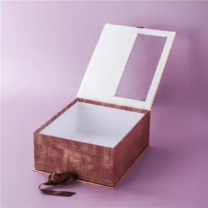 Son tasarım pembe düğün lüks hediye kutusu ambalaj kutuları hediye setleri için kurdele ile pencere açık
