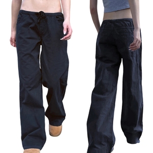 Pantalon décontracté d'été en maille unie, taille basse, coupe droite ample, avec cordon de serrage, respirant et écologique - Product Image 1