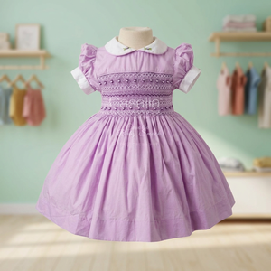 Robe pour filles à manches bouffantes violettes, col Peter Pan, brodée, coupe trapèze, longueur genou, 100% coton, style doux, couleur unie, printemps - Product Image 1