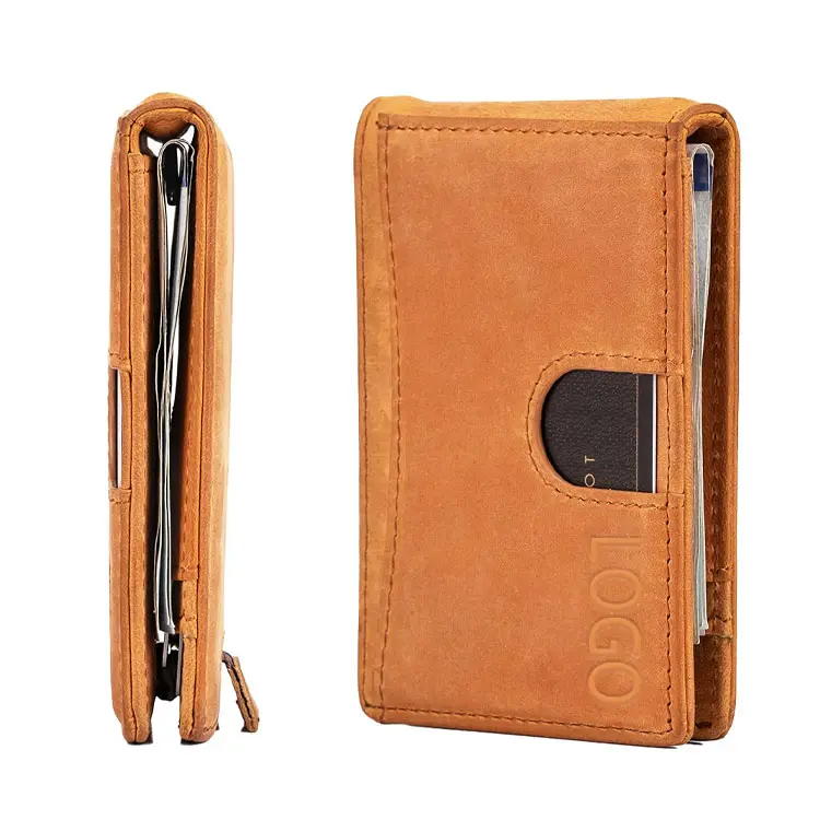 2023Custom Wholesale Hot Sales RFID Blocking Minimalist Genuine Leather Slim Front Pocket Mens Wallet Money Clip With ID Window