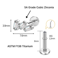 Perhiasan tindik JiaXin ASTM F136 Titanium Grade Implant, tanpa ulir, flat back, labret stud, untuk bibir, helix, conch, dengan inlay zircon berbentuk hati, ukuran 16G
