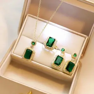 Women's Jewelry Set Three piece Necklace Ring Earrings New Emerald Zircon Necklace