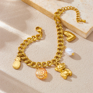 Fashionable Double Chain Gold Plated Stainless Steel Bracelet With Bear Pineapple Pearl Charms Women's Jewelry Gift - Product Image 3
