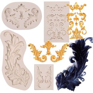 Moule en silicone baroque Muyulin pour fondant, lot de 4, pour décoration de gâteaux, argile polymère, élégant motif de mariage, plume, couronne, coin - Product Image 1