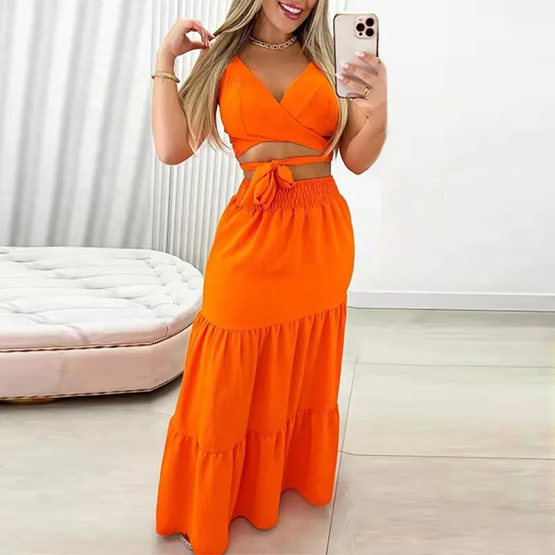 Jupe longue d'été pour femmes Boho Ensemble deux pièces Sexy Lace Up Cropped Top A-line Jupe Suit Lady Summer Elegant Street Wear Outfits