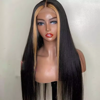 Perruques lisses noires avec mèches blond miel, perruques brésiliennes en cheveux humains vierges pré-plumées avec fermeture frontale en dentelle 13x4