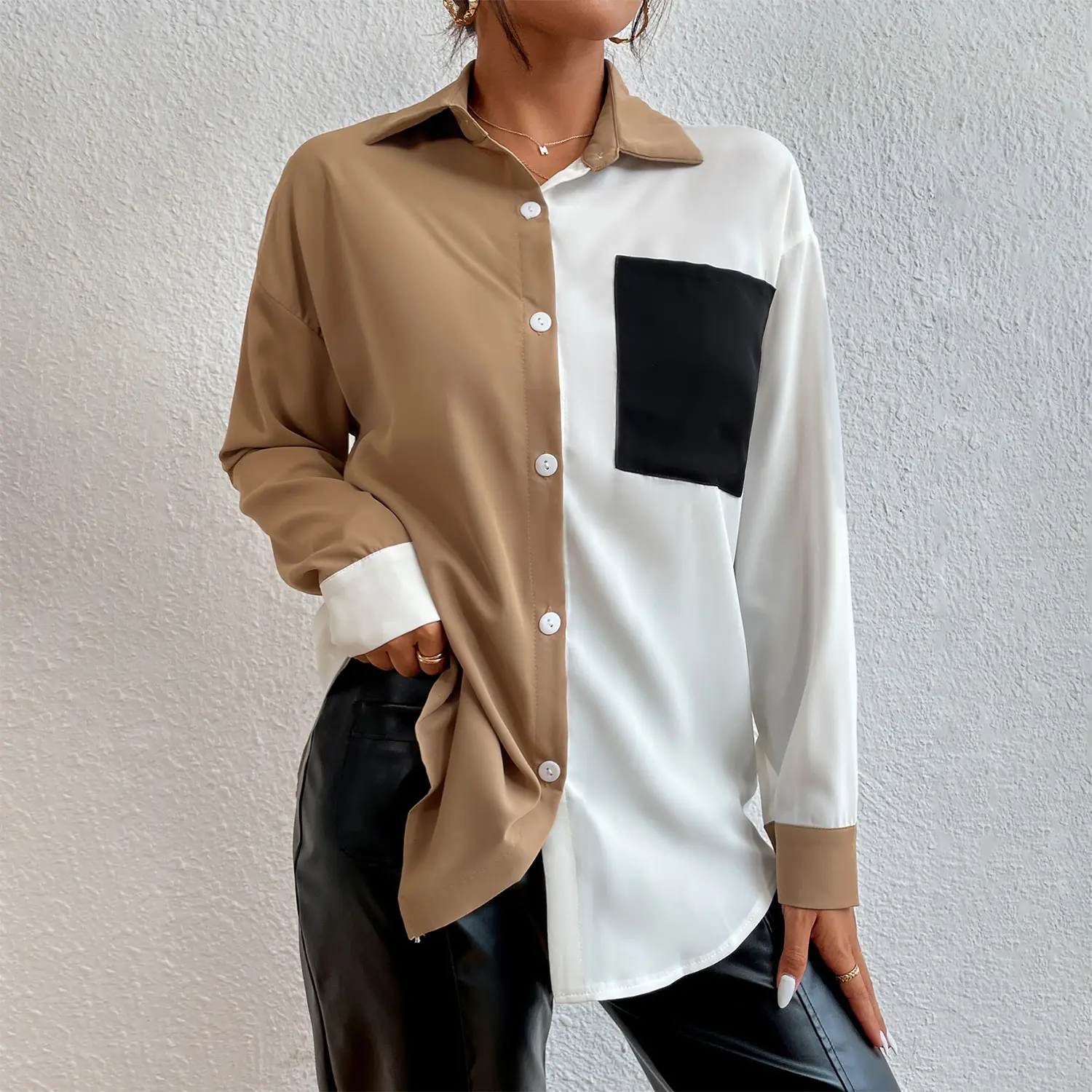 Blusa feminina elegante de manga comprida com bolso e corpo, camisa de corsê casual com gola redonda, moda primavera feminina