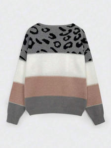 Maglione Coreano da <span class=keywords><strong>Donna</strong></span> a Girocollo Ampio, a Maniche Lunghe, in <span class=keywords><strong>Maglia</strong></span> Jacquard <span class=keywords><strong>Leopardata</strong></span> con Logo Frontale, Ideale per l'Autunno - Product Image 3