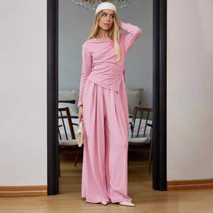 Conjunto Deportivo de Dos Piezas Personalizado para Mujer 2026, Top de Manga Larga, Pantalones Anchos, Ligero, de Spandex y Poliéster, Transpirable, Diseño Simple - Product Image 4