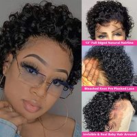 Perruque Bob Courte Bouclée HD 13x4 en Cheveux Remy Brésiliens Vierges, Petite Dentelle Transparente à Nœuds Simples, Sans Colle