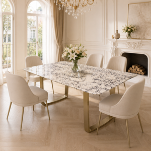 Table à manger personnalisée en quartzite Bianco Fiorla, plateau rectangulaire, style moderne, pour villa, 6 à 8 places, pieds en métal, mobilier en pierre - Product Image 3
