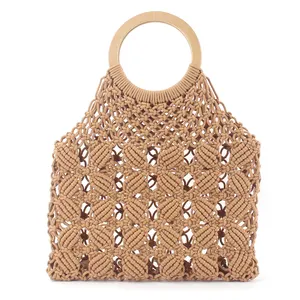 Модная ажурная хлопковая вязаная крючком сумка-Макраме Сетчатая Сумка-тоут с круглой ручкой пляжная сумка для женщин
