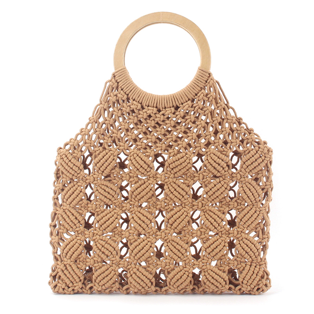 Fashion Hollow Cotton Rop Crochet Macrame Handbag Net Mesh Tote Bag With Round Handle  Beach Bag for Women Ladies