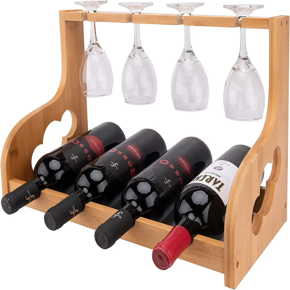 2023 Bambu Tabletop Wine Rack Counter Top Garrafa Vinho Titular Prateleira Cremalheira do vinho com suporte de vidro