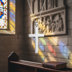 Ciondolo a Croce in Acciaio Placcato Oro Bianco 18K, Charm Religioso per Gioielli da Uomo e Donna - Product Image 3