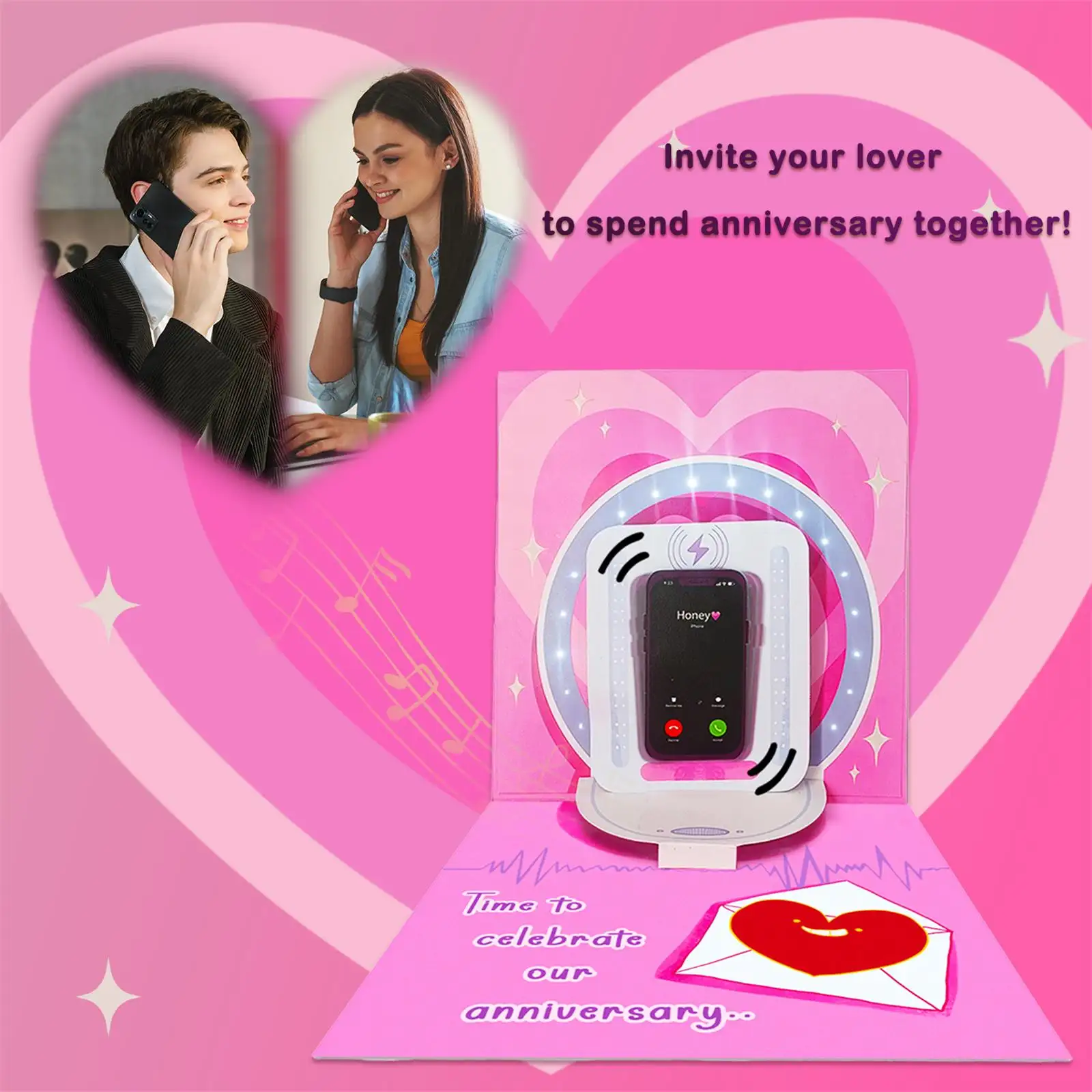 Cartão musical pop-up 3D de aniversário para casal com lâmpada de fibra óptica para esposa namorada marido noiva amor amor amor amoréxisio