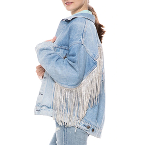 <span class=keywords><strong>Giacca</strong></span> di Jeans <span class=keywords><strong>Oversize</strong></span> da <span class=keywords><strong>Donna</strong></span> con Dettagli Personalizzati in Strass e Frange, Cappotto Invernale Vintage Stile Boho - Product Image 1