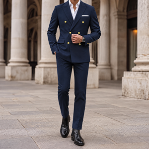 Completo da <span class=keywords><strong>Uomo</strong></span> <span class=keywords><strong>Slim</strong></span> <span class=keywords><strong>Fit</strong></span> Doppiopetto <span class=keywords><strong>Blu</strong></span> Navy di Alta Qualità, 2 Pezzi, per Ufficio e Business Casual - Disponibile all'Ingrosso - Product Image 1
