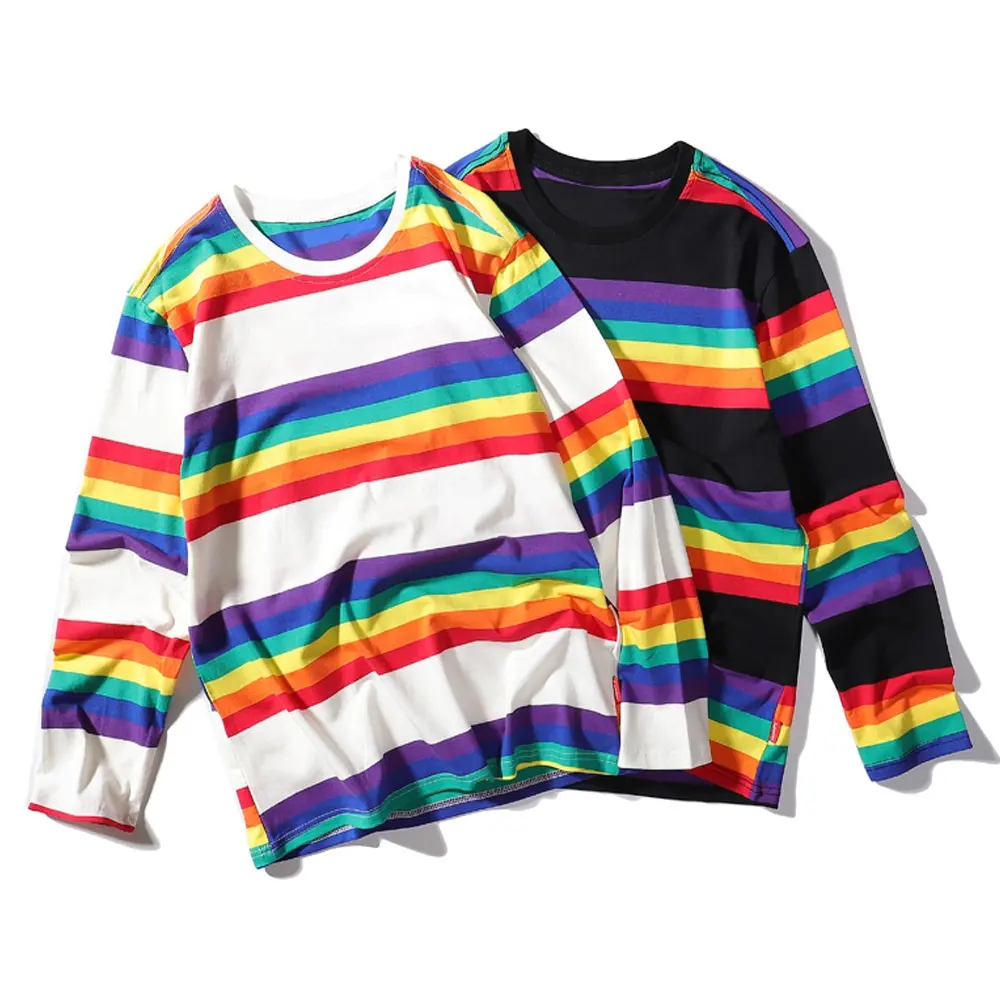 JL0629B 2022 Quality TShirt Trend Retro Striped Long Sleeve Custom Graphic Tees Colorful Oversized Cotton T Shirt For Men