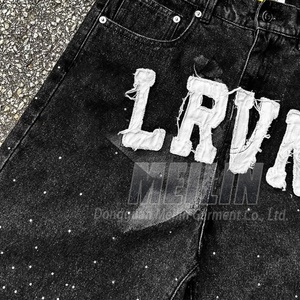 Custom Streetwear Distressed Embroidery <b>Patch</b> Rhinestone Denim <b>Shorts</b> Heavyweight High Quality Rhinestone Jean <b>Shorts</b> <b>Men</b> - Product Image 4