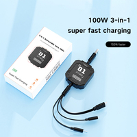 Kabel Pengisi Daya USB 3 in 1 Langsung dari Pabrik, Pengisi Daya Cepat Tipe-C, Kabel Data Retractable untuk Aksesoris Ponsel Android dan IOS