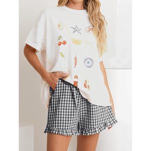 FOXA Short de pyjama décontracté pour femme à carreaux vichy, taille élastique, volants, pour l'été - Product Image 5