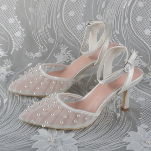 Customized Heel Pointed Toe Wedding Shoes Women Mesh with Beads High Quality Bridal Shoes Heels - Product Image 1
