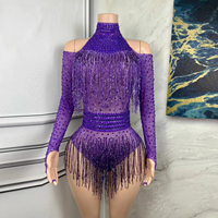 Combinaison de danse scintillante multicolore à col montant et épaules dénudées avec franges en strass, en Spandex/Nylon, pour spectacle de danse et Drag
