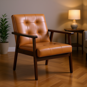 Fauteuil d'appoint en cuir PU de style Mid-Century Modern, avec structure en bois massif et dossier capitonné, pour salon - Product Image 2