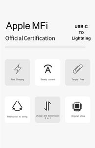 Câble de charge rapide MFi C94 IOS USB 8 broches vers Type-C, gaine en nylon tressé, pour téléphones mobiles, 8 cœurs, certifié IOS - Product Image 6