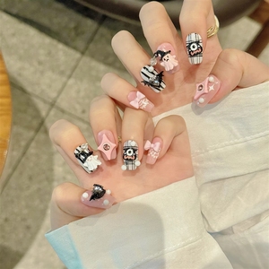 <span class=keywords><strong>Faux</strong></span> ongles courts à presser, motif cœur de démon mignon et effrayant, Halloween, 10 pièces, noir et rose, style gothique, avec adhésif - Product Image 3