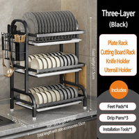 Égouttoir à vaisselle noir en acier au carbone, 3 niveaux, portable, avec porte-couverts, antirouille, pour rangement et organisation de cuisine et de maison