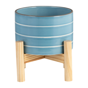 Vaso in ceramica a righe con supporto in legno, fioriera colorata per decorazioni domestiche, ingresso, patio, tavolo, giardino - Product Image 2
