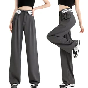 Benutzer definierte Logo Wide Leg Pants Lose Hohe Taille Casual Solid Straight Grey Works Baggy Pants Frauen