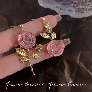 French Retro Cherry Pink Crystal Rose Flower Earrings Women Girl Asymmetry Long Gold Plated Stud Earring Wedding Party Jewelry