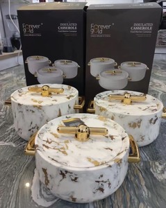Juego de Tazones para Servir con Retención de Calor Avanzada, con Tapa con Barra en T Dorada Única, Calentador de Alimentos con Aspecto de Mármol para Comidas Festivas - Product Image 2