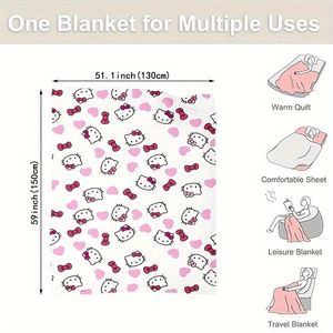 Chăn mềm in hình <span class=keywords><strong>Hello</strong></span> <span class=keywords><strong>Kitty</strong></span> & Hearts Chăn mềm đa năng cho phòng khách Phòng ngủ Du lịch cắm trại - Product Image 4