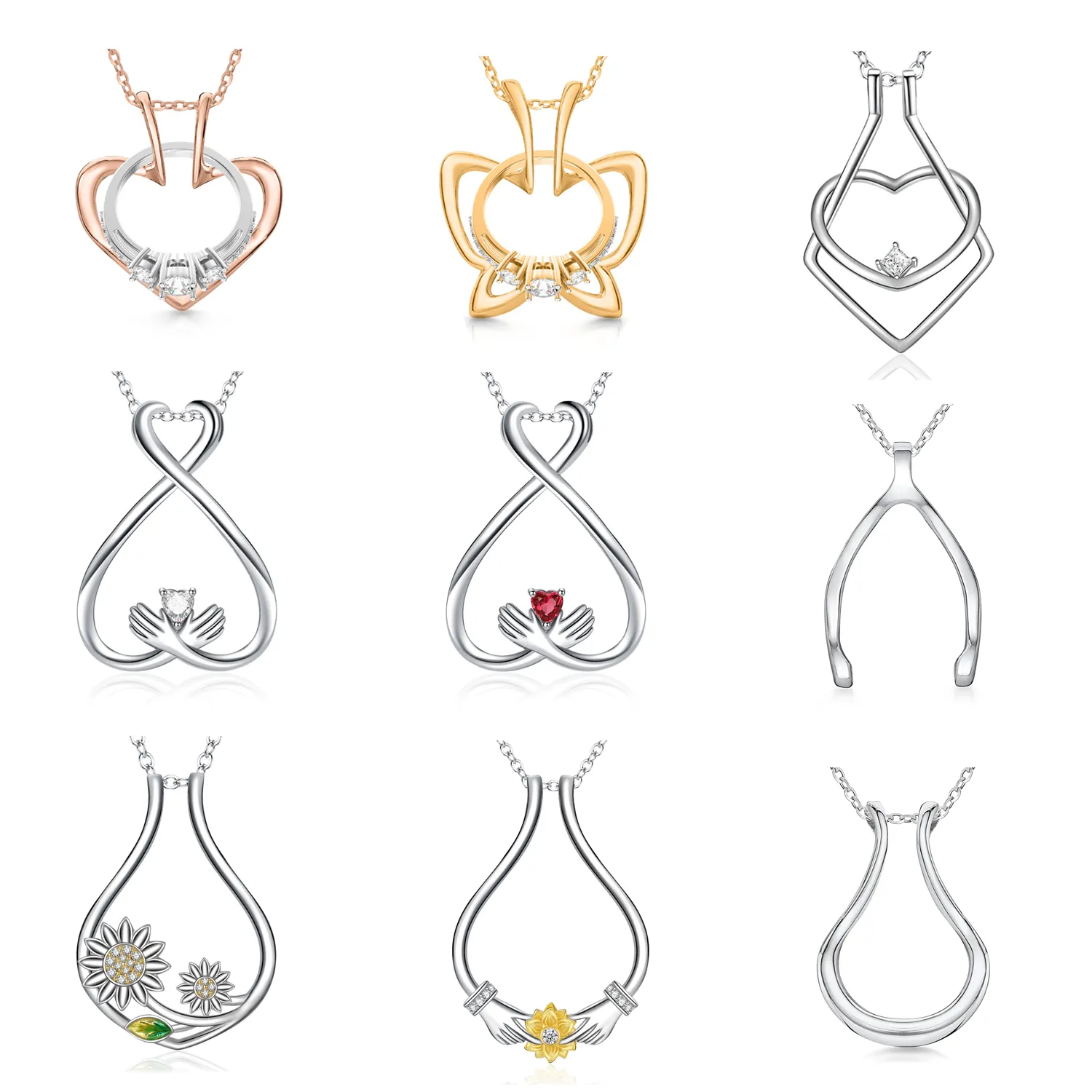 Slovehoony 925 Sterling Silver Women Fine Jewelry Crystal Mountain Wishbone Geometric Ring Holder Necklace
